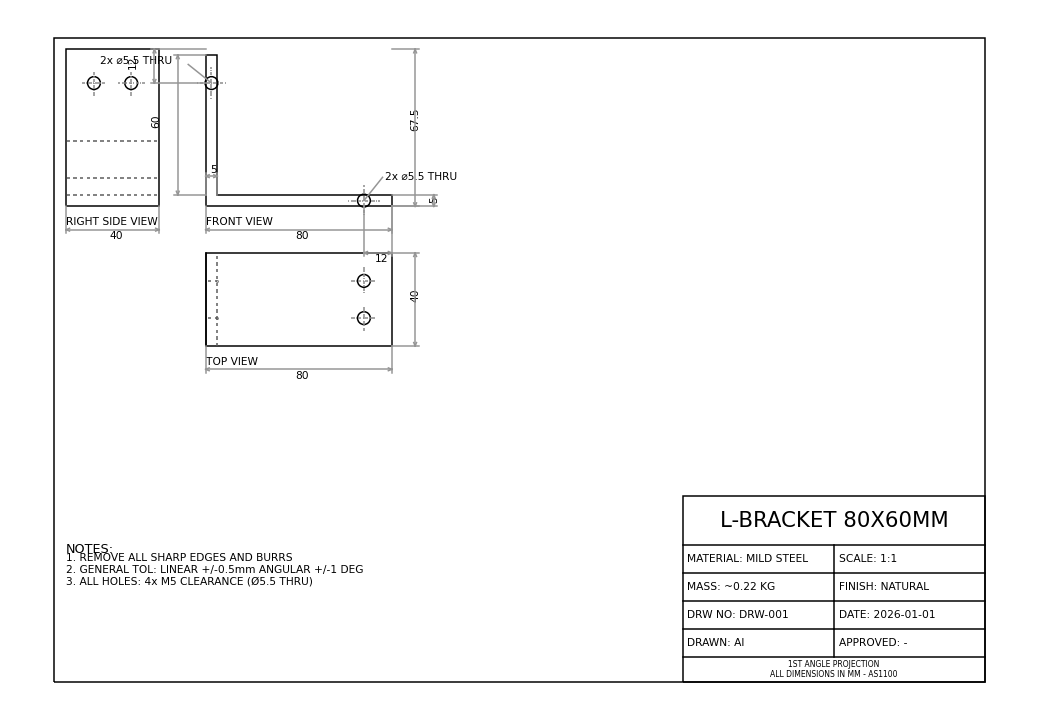 L-bracket detail drawing, fully dimensioned, AS1100 title block