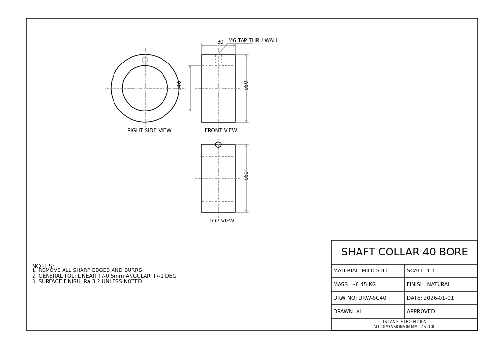 Shaft collar 40mm bore, 60mm OD, M6 grub screw — AS1100