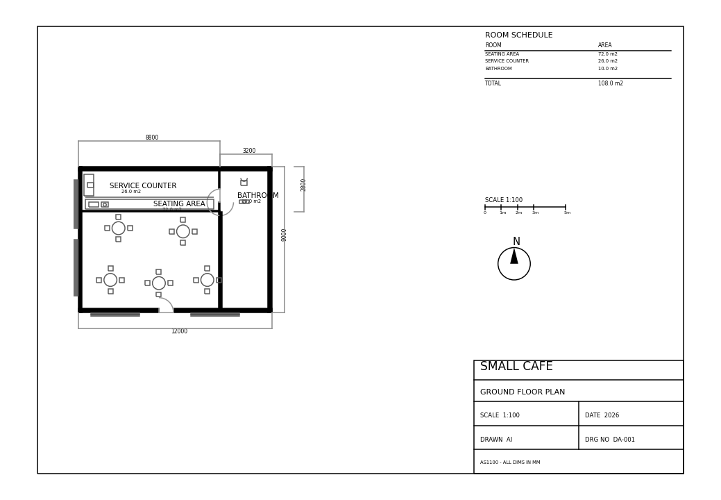Café floor plan 90m², 24 covers, accessible WC, back-of-house