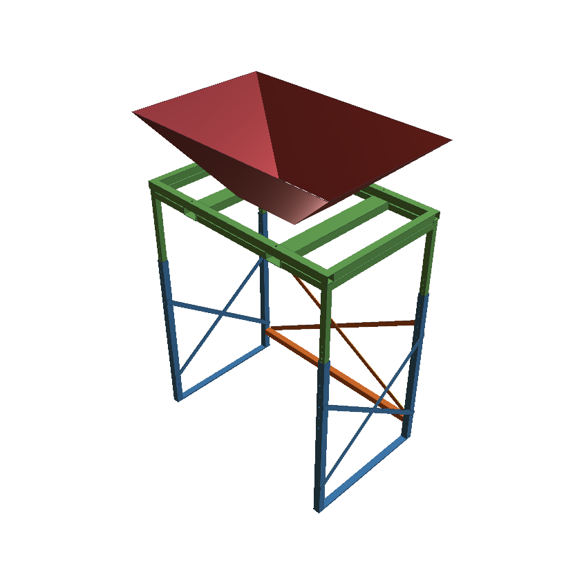 Multi-part bulk bag filling frame, 1800×1150mm footprint, 2195mm high — floor skids, SHS legs, X-bracing, telescoping hopper section, each member its own part
