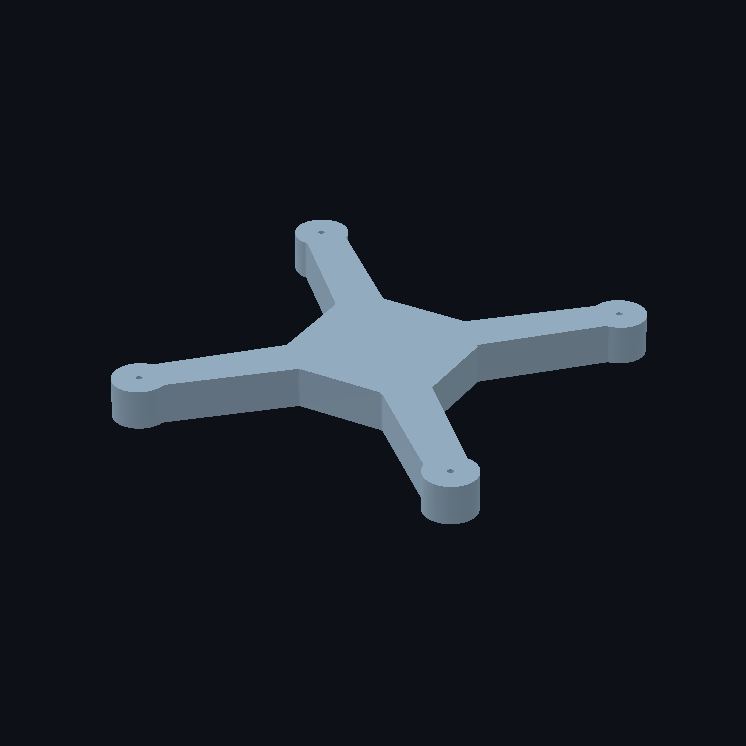 Quadcopter drone frame, X-config, 4× motor mounts, weight-reduction cutouts