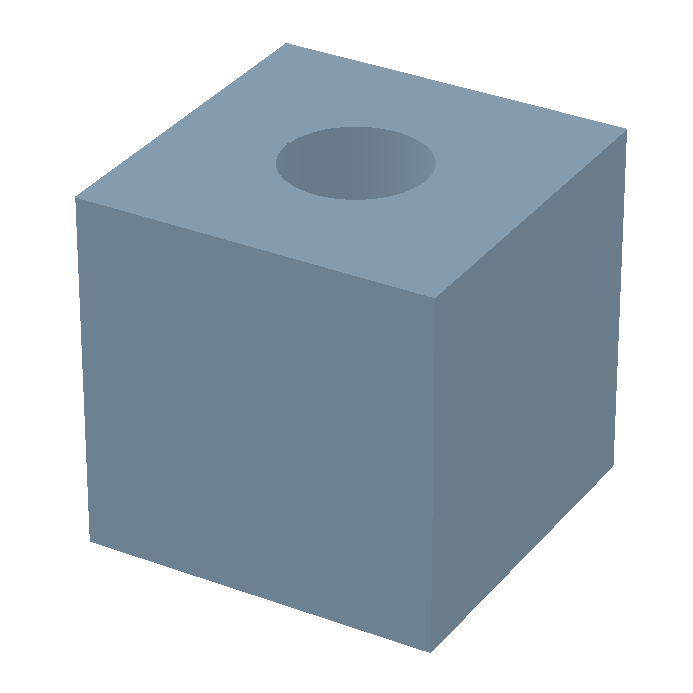 20 mm cube with a centered through-hole, generated in AiCadGen